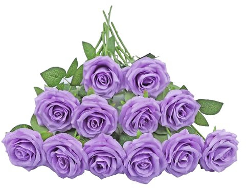 NEVISI Künstliche Rosen, 12 Stück, lilafarbene Rosen, Seidenrosen, echt aussehende Kunstblumen mit Stielen für selbstgemachte Hochzeitssträuße, Tische, Tafelaufsätze, Blumenarrangements,