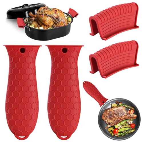 4 Pack Silicone Hot Handle Holder Cover Cast Iron Handle Cover Silicone Pot Holders Heat Resistant Assist Pan Handle Sleeve Non-Slip Pot Handle Covers for Cast Iron Skillet Metal Pan(Red)