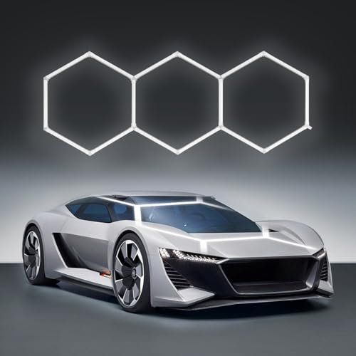 Lot de 16 lampes hexagonales de garage 128 W 6500 K 3 pièces en nid d'abeille pour garage, salle de sport, sous-sol, entrepôt, décoration de magasin de beauté