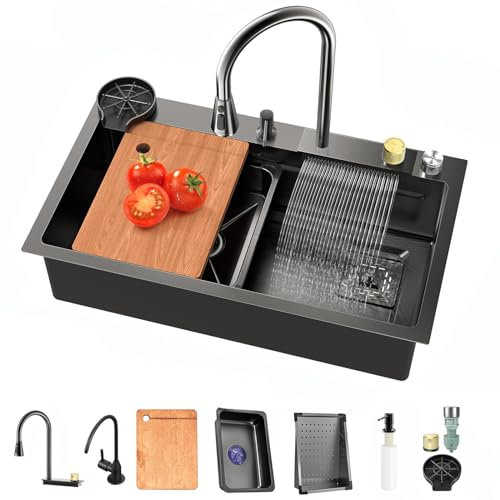 TULAZOU Fregadero de cocina,gris oscuro 304 fregadero de acero inoxidable, fregadero cocina 1 seno,fregadero multifuncional con grifo extraíble y otros accesorios (80x45cm)