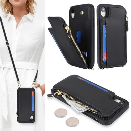 SailorTech Handyhülle für iPhone XR Etui mit Kartenfach, iPhone XR Hülle mit Verstellbarer Halskette, iPhone XR Handytasche mit Reißverschluss Geldbörse - Schwarz