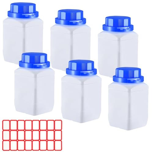Vueinrg 6 x 250ml Frascos de Boca Ancha con Tapón de Rosca,Frascos para Productos Químicos, Frasco de Laboratorio Botellas de Plástico HDPE para Laboratorio, Cocina o Hobby (Blanco)