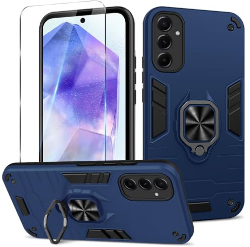 Btstring Cover per Samsung Galaxy A55 con Pellicola Protettiva, Grado Militare Custodia con Cavalletto in Metallo Rotante a 360°, Hard PC Back Cover e TPU Bumper Antiurto Case- Blu