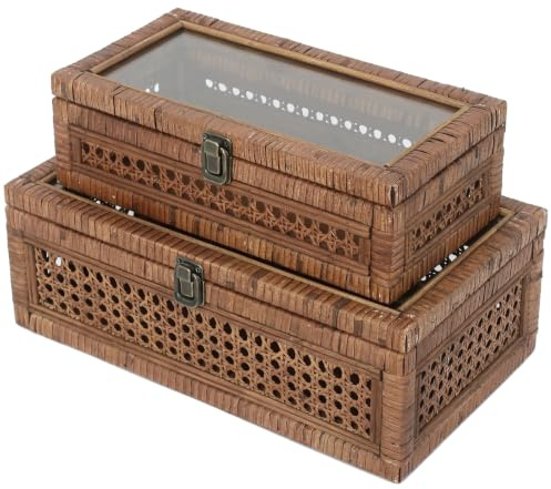 DECOR4SEASON Rattan and Cane Stacking Boxes with Glass Top Lid - Set of 2 11.8 and 14.1, for Boho and Rustic Farmhouse Decor, Brown