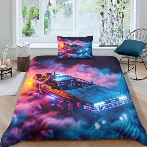 WXMMoney Weiches Bettwäscheset „Zurück in die Zukunft“, geeignet für Kinder, Bettbezug-Set mit Kissenbezug, Bettbezug für Paare, Poster-Bettwäscheset, Einzelbett (135 x 200 cm)