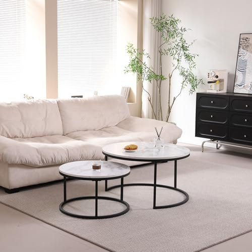 TTATC Lot de 2 Tables Gigognes Rondes avec Pieds en Métal, Plateau en MDF Imitation Marbre Blanc, Table Basse Moderne 80 * 60, Pied Noir