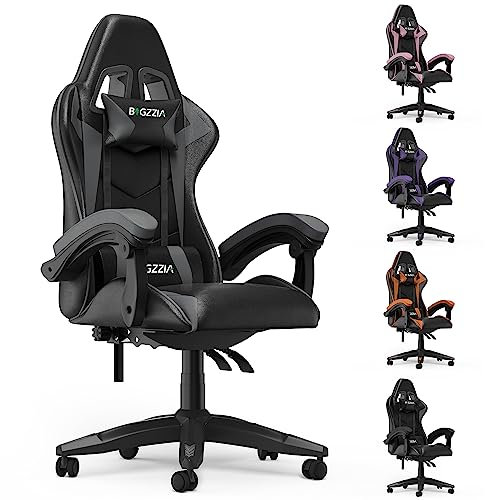 bigzzia Chaise Bureau Chaise Gaming Ergonomique en PU Cuir, Hauteur Réglable, avec Coussin Lombaire et Appui-Tête, Fauteuil Gamer Confortable pour Adultes, Filles et Garçons (Gris)