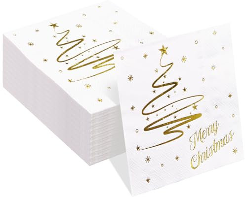 FALIZIFU 50 Stück 3-lagige Weihnachtsbaum-Servietten mit Goldfolie, gefaltet, 12,7 x 12,7 cm, Einweg-Cocktail-Servietten, Papierservietten für Abendessen, Zuhause, Party, Weihnachten,