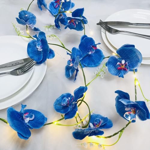 Künstliche Orchideengirlande mit 20 LEDs Lichterkette Batteriebetrieben 2 m Schmetterlingsorchideenranke Künstliche Blumengirlande Lichterkette für Schlafzimmer,Tischdekoration (Blau Orchidee)