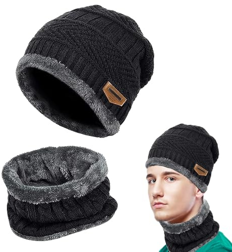 langyoujia Warme Wintermütze, Mütze und Schal-Set, Strickmütze, Schal, 2-in-1-Mütze und Schal mit Plüschfutter für Damen und Herren (black)
