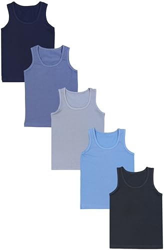 TupTam Unterhemden Jungen – 5er Pack Ärmellose Kinder Unterhemden, Baumwolle, Bequem & Atmungsaktiv, Farbe: Dunkelblau Anthrazit Indigo Blau Grau, Größe: 164-170
