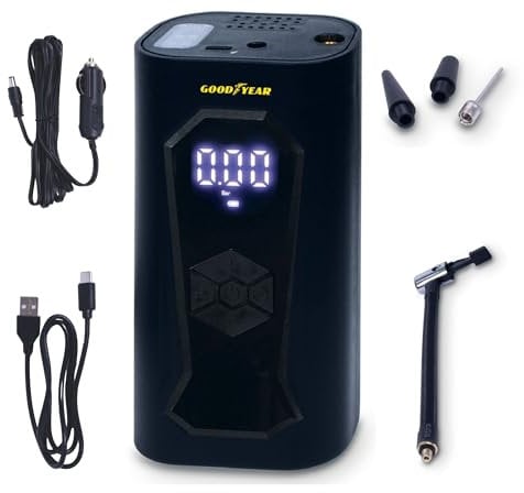 GoodYear Compressore Portatile Ricaricabile Wireless 6000 mAh, 5 in 1: Gonfiaggio, Sgonfiaggio, Misurazione Pressione, Power Bank, Torcia a 6 LED, Accessori Inclusi, Presa Accendisigari
