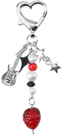 Nodcows Ästhetische Erdbeere Gitarre Pentagram Stern Schlüsselanhänger, Vintage Zubehör Anhänger Schlüsselanhänger Niedlicher Accessoires Geschenk für Mädchen Frauen Taschenanhänger Anhänger
