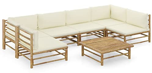 Sufrk 7-TLG. Garten-Lounge-Set mit Cremeweißen Kissen Bambus Essecke Mit Eckbank Und Tisch Outdoor Furniture