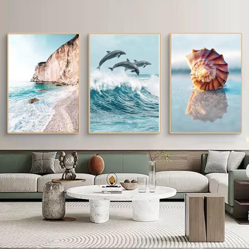 Premium Poster Set 3er Wandbilder Meer, Wal, Muschel Kunst Bilder Ohne Rahmen Kunstdruck Bilder Leinwand Moderne Wanddeko Wohnzimmer Schlafzimmer (30×40 cm)