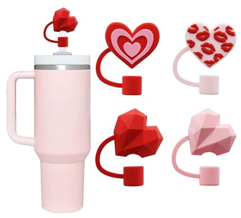4Pcs Heart-Shaped Straw Cover Cap for Stanley Cup, Reusable Silicone Straw Topper Compatible with Stanley 30&40 Oz Tumbler, 10mm Straw Tips Lids, Stanley Cup Accessories, Lover Couple Fun Gifts