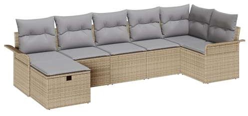 vidaXL 7-teiliges Gartensofa-Set mit Kissen in Beige aus Poly Rattan | Modulares Design, wetterfest, stylische Outdoor-Sitzmöbel, Bequeme Lounge-Möbel, moderner Stil, verstellbare Terrasse