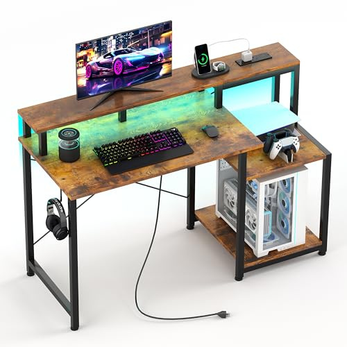 CAIYUH Gaming Desk with LED Lights & Power Outlets 120x50cm, Brown | Monitor Stand, Printer Stand, USB Port & Charging Station, Home Office, Small Space, Study, Teen, Adjustable Lighting