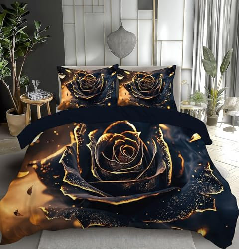 MULERN Dark blue gold Duvet Cover Set, Single Size Gold Foil Rose 3Piece Bedding Sets Reversible Color, Fantasy Printed Duvet Covers, All Season Bedding Sets Soft And Easy Care