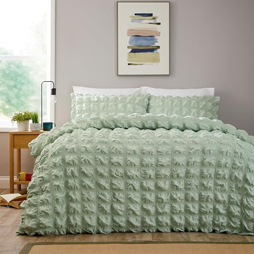 Olivia Rocco Soho Duvet Cover Set with Pillowcases Quilted Design Super Soft Bedding Easy Care Bed Linen Sets, Sage Green Super King