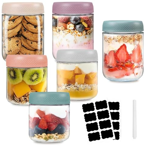 KDISHKRA 6 Stück Overnight Oats Gläser, Einmachgläser mit Schraubdeckel (300ml + 500ml), Meal Prep Gläser Auslaufsicher für Salat, Chutney, Joghurt, Pudding, Marmelade, Müsli, Gewürzen