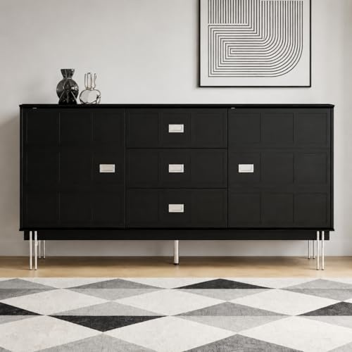 Caldion Sideboard 160cm mit Metallgriffen Küchenschrank schwarz 2 Türen und 3 Schubladen