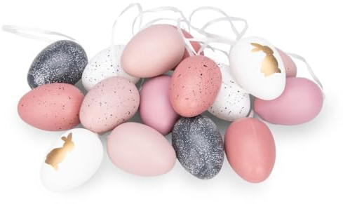 NaDeco Ostereier 16 Stück Rosa-Weiß-Schwarz, 6 cm, Osterstrauch, Hängedeko | Jedes Ei anders gemustert, die Zeichnung ist gedruckt und löst sich nicht ab — Seidenband sitzt bereits am Ei