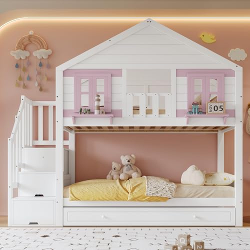 Arhatreya Letto a castello in legno con finestra e tetto, 90 x 200 cm | Senza materasso, telaio letto per adolescenti con letto a rotelle, bianco + rosa