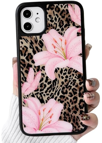 NITITOP for iPhone 12/12 Pro Case Cute Flower Leopard Print, Pink | For Women Girls, Aesthetic Cheetah Lily Flower Butterfly Design, Glossy Hard PC Back, Raised Camera Bumper Protection