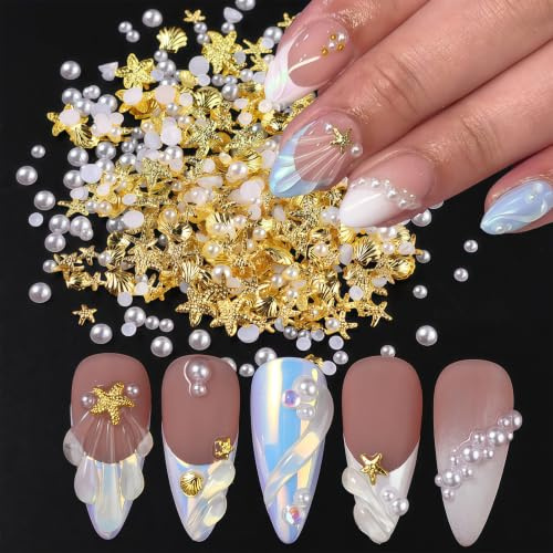 TESGADGETS 100 Pcs Nail Charms, Summer Starfish Shell Rhinestones with Pearl Design, Gold Ocean Style Nail Decorations for Women, Beach Holiday DIY Nail Accessories Y2K