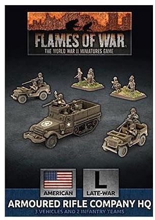Flames of War American Armoured Rifle Company HQ (Late War, UBX74) - Tabletop Game Miniatures - Game Set - Includes 2 x Thompson SMG Teams, 1 x M3 Halftrack, 2 x Jeeps, 6 x Unit Cards - Adult, Teen