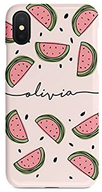 Tirita Personalised Initials Custom Hard Phone Case Compatible with iPhone Xr Hard Cover Summer Tropical Seaside Paradise Watermelon Hello Summer