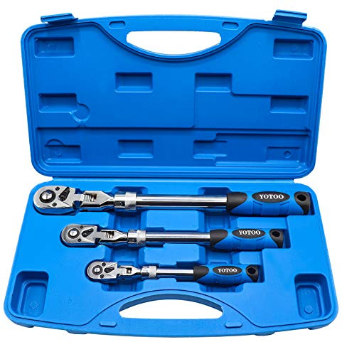 YOTOO Ausziehbares Ratschen-Set, 3-teilig, 1/4 Zoll, 3/8 Zoll & 1/2 Zoll Antrieb, 72 Zähne, Flexkopf, Schnellspanner-Verriegelungsratschen
