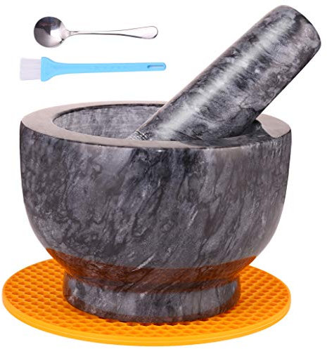 Mortar and Pestle Set, Guacamole Bowl Polished Natural Marble Stone, Grinder and Crusher, with Silicone Mat & Spoon - 300ml(Medium, Dark Gray)