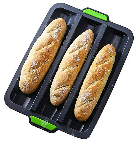 iPstyle Silicone Baguette Pan Non-stick French Bread Baking Mould - 3 Wave Loaves Loaf Bake Mold Toast Cooking Bakers Roll Sandwich Mold (Grey A)