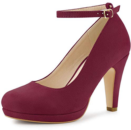 Allegra K Escarpins à bout rond et talon aiguille sangle de cheville pour femme, bordeaux, 37 EU