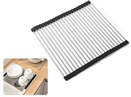 Koomuao Abtropfgitter Faltbares, Abtropfgestell für die Küchenspüle Küche Dish Drain Racks Faltbar Leicht Verstaubar Anti-Rutsch-Matte (Schwarz, 37cm×41cm)