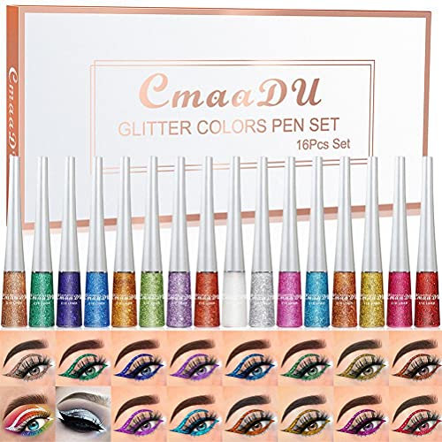Farbiger Eyeliner, wasserdichter Eyeliner, 16 Farben, flüssiger Eyeliner, Farbset, bunte glänzende Glitzer-Eyeliner, lang anhaltendes flüssiges Eyeliner, Make-up Party,