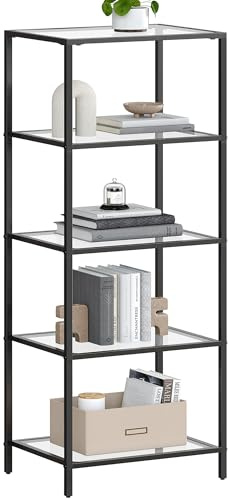 VASAGLE Bibliothèque, 5 niveaux, étagère fine pour chambre à coucher, salle de bain, bureau à domicile, verre trempé, cadre en acier, noir ULGT029B61