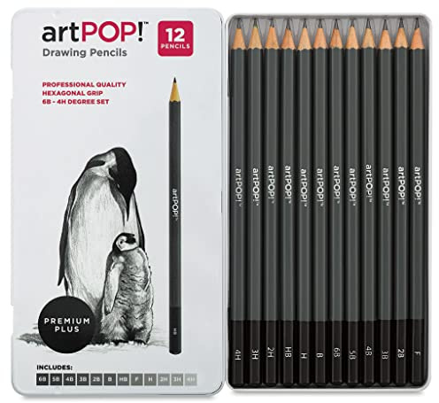 artPOP! Professional Drawing Pencil Set of 12, 6B – 4H Graphite Art Pencils with Hexagonal Grip, Ideal for Sketching, Art Drawings, and Shading, Includes Metal Tin