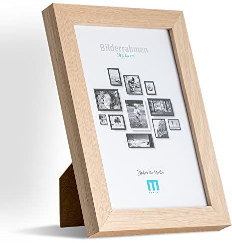 Zeitlos, moderner Bilderrahmen aus MDF, natur für 10x15 cm kleine Fotos und Bilder. Inkl. Acrylglasschutz. Er eignet sich als Tisch-Aufsteller und für die Wand, im Hochformat oder Querformat.