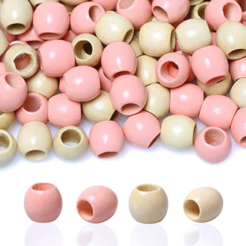 Lot de 100 perles en bois de 12 mm à grand trou pour décoration de cheveux, projet macramé, fabrication de bijoux (rose et beige)
