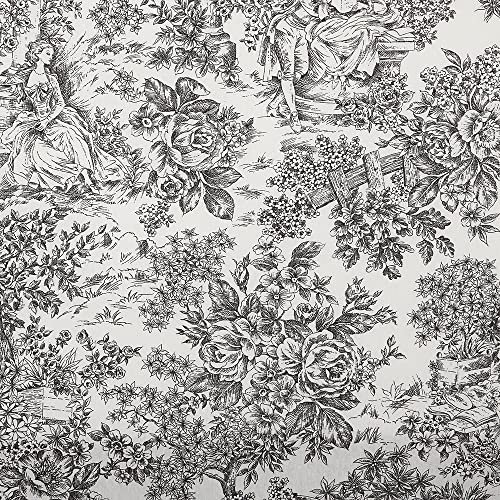 Kt KILOtela - Toile de Jouy, Tissu imprimé, Décoration, Tapisserie, Coussins, Nappes, Sacs, Artisanat, 100 cm Longueur x 280 cm Largeur, Romantique, Paysage, Toile de Jouy, Noir, 1 mètre