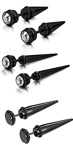 Bulckrew 3 Paare Ohrstecker Edelstahl Spitze Nieten Strass Orhrringe Fake Plug Herren Damen, Schwarz