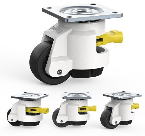 HOLKIE Leveling Castors with Ratchet Handle Design - Total Capacity 1000kg - Heavy Duty Industrial Castors Set of 4 for Workbench - 50mm Wheels with Adjustable Leveling Pads (TD60)