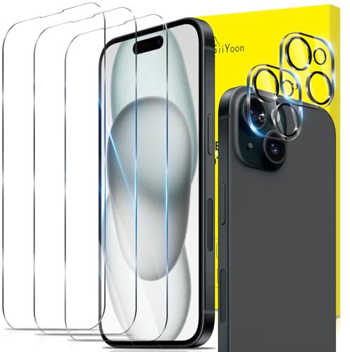 GiiYoon 2+3 Pack Screen Protector for iPhone 15 Plus, 3 Tempered Glass Film and 2 Camera Lens Protectors, HD Clear