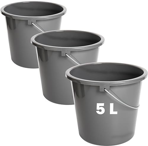 Putzeimer 5l Haushalteimer, Eimer 3er Set, Wischeimer mit Meßskala und Metallgriff, Plastikeimer Putzkübel aus Kunststoff ohne BPA, Wascheimer Grau, Langlebig-Vielseitig & Robust, Made in EU
