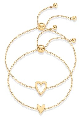 PAVOI 14K Yellow Gold Plated Matching Heart Charms Solitaire Bracelet Set for Women | Adjustable Valentines Day Love Friendship Two Bracelet Pack