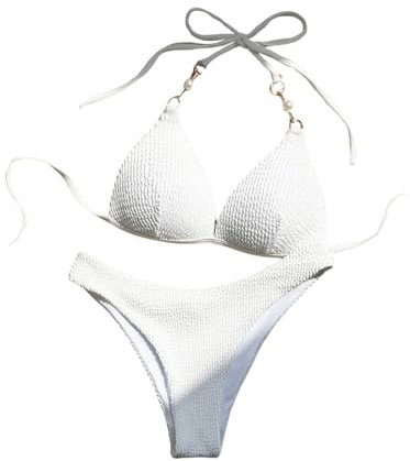 GORGLITTER Bikini Damen Set Mit Bügel Neckholder Bikini Push Up Bikini Mit Ketten Sexy Zweiteiliger Badeanzug Bademode Weiß XS