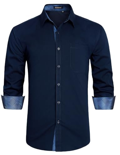 Enlision Men's Dress Shirts Long Sleeve Navy Blue Formal Shirts for Men Loose Fit Wedding Business Shirt Contrast Colour Casual Overshirt with Pocket 6XL